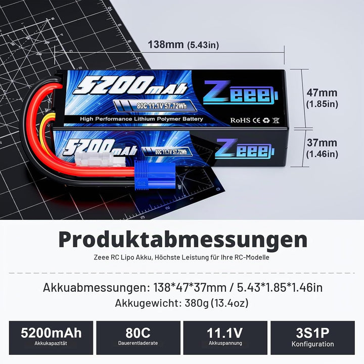 Zeee 3S Lipo Akku 5200mAh 11,1V 80C mit EC5 Stecker Hartschalen RC Akku für RC Car Boot LKW Hubschra