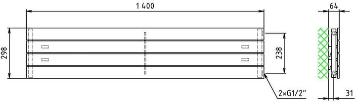 Paneelheizkörper Heizkörper Badheizkörper horizontal 298 x 1400 seitlicher Anschluss (469 Watt nach