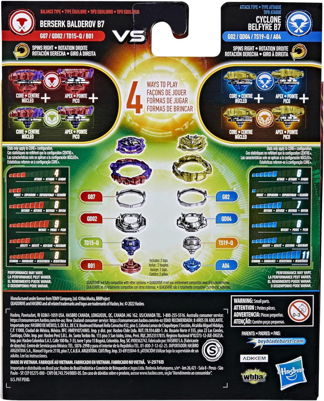 Beyblade Hasbro Burst QuadDrive Berserk Balderov B7 und Cyclone Belfyre B7 Kreisel Doppelpack – 2 Ka
