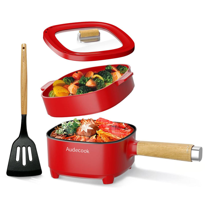 Audecook Elektrischer Hot Pot mit Dampfgarer, 2L/20cm Antihaft Elektropfanne mit Keramikglasur, Trag