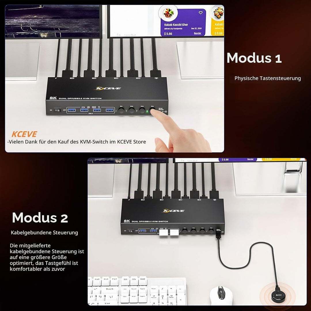 DP KVM Switch 4 Computer 2 Monitore, KCEVE USB 3.0 Displayport KVM-Umschalter für zwei Monitore, unt