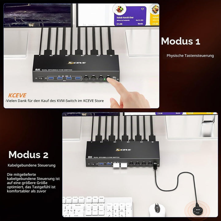 DP KVM Switch 4 Computer 2 Monitore, KCEVE USB 3.0 Displayport KVM-Umschalter für zwei Monitore, unt