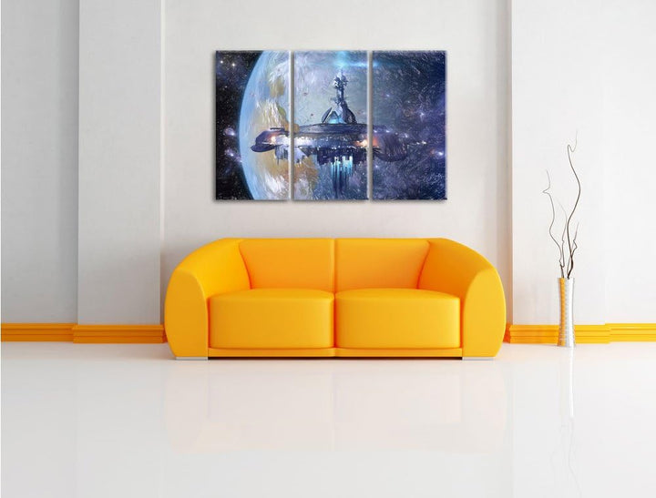 Pixxprint futuristisches Raumschiff vor der Erde Kunst Buntstift Effekt 3-Teiler Leinwandbild 120x80