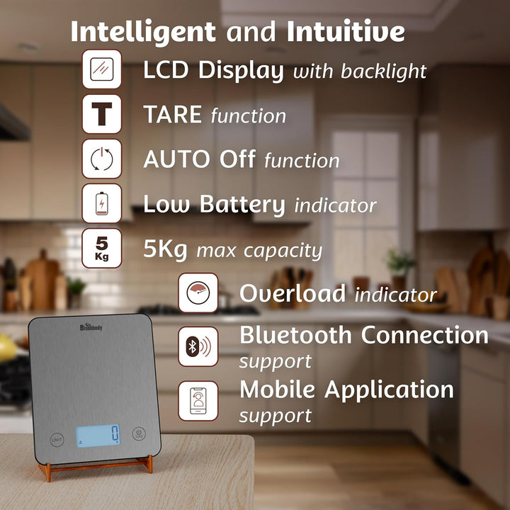 Bisonbody Smart Digital Kitchen Scale, Stainless Steel Metalic Design Weighing Platform, Measure Cal