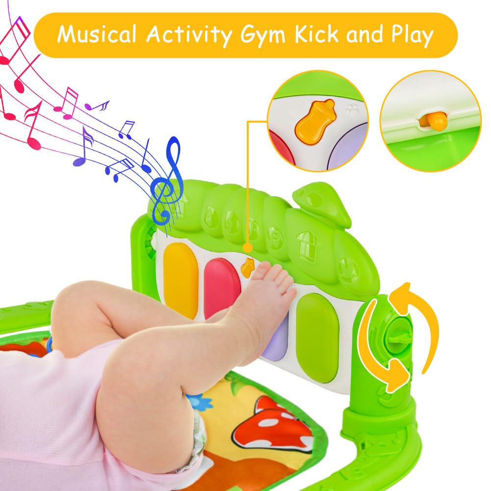 AOMIG Piano-Gym Spieldecke, Krabbeldecke mit Musik und Lichtern, Spielmatte mit Spielbogen abnehmbar