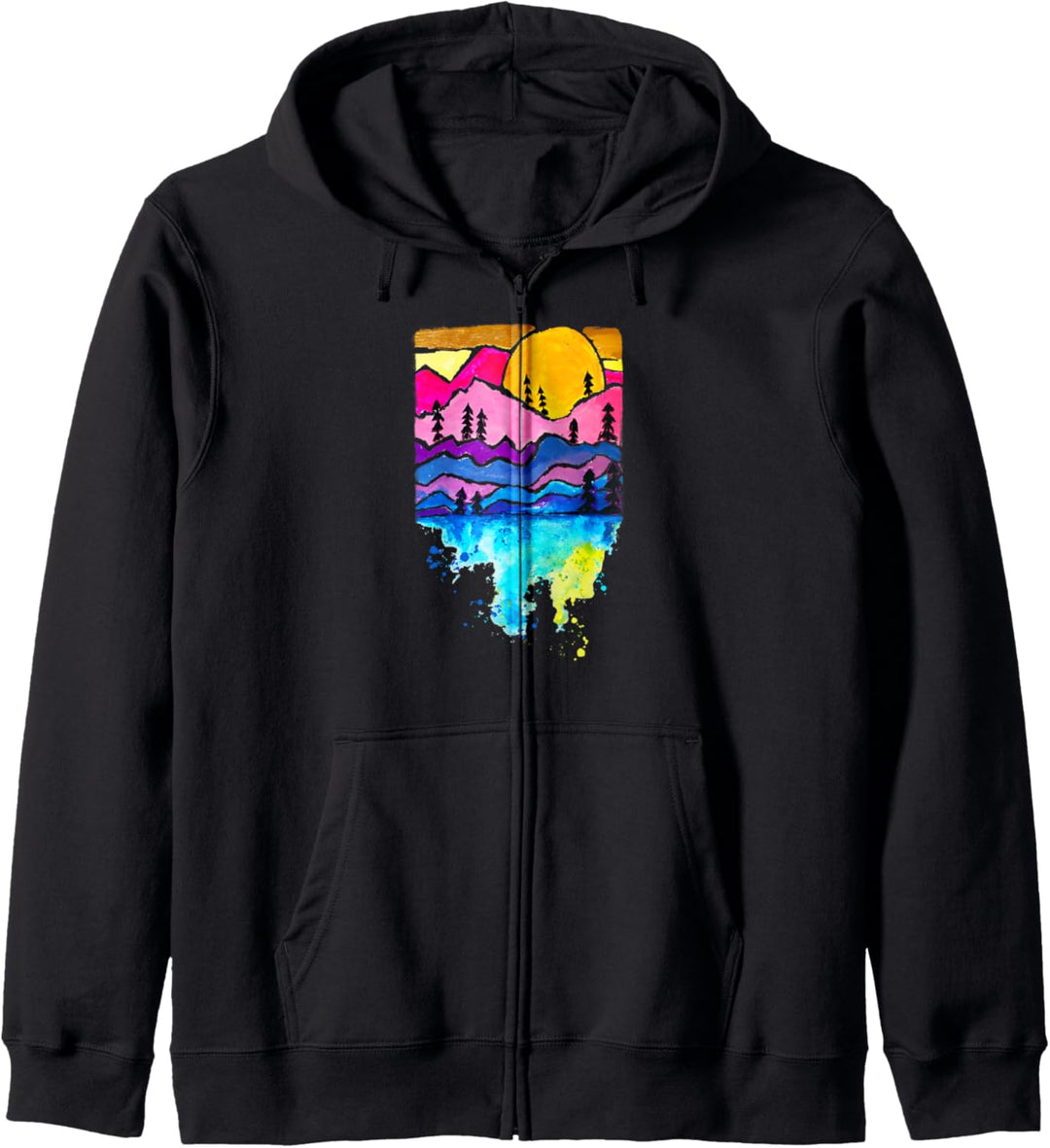 Berge Sonnenuntergang Wald Bäume Malerei Kunst Original Kapuzenjacke