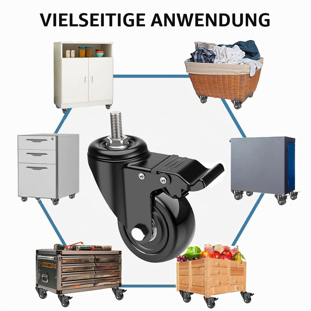 IQWTU Lenkrollen 50MM mit Bremse, 4 Stück Möbelrollen mit M10 x 1,5 x 30mm Schraube, Schwerlastrolle