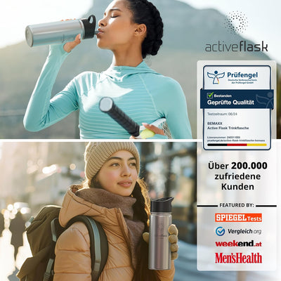 Trinkflasche Edelstahl ACTIVE FLASK + Strohhalm (3 Deckel) BPA-frei, Auslaufsicher, Kohlensäure geei