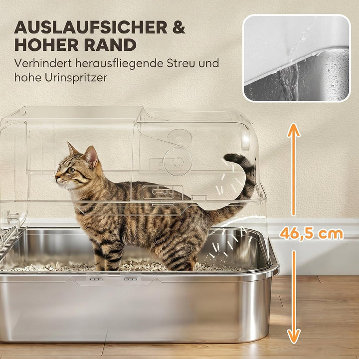 PawHut Katzenklo XXL Edelstahl mit Deckel 52L für grosse Katzen Weiss | Katzentoilette für Mehrere K