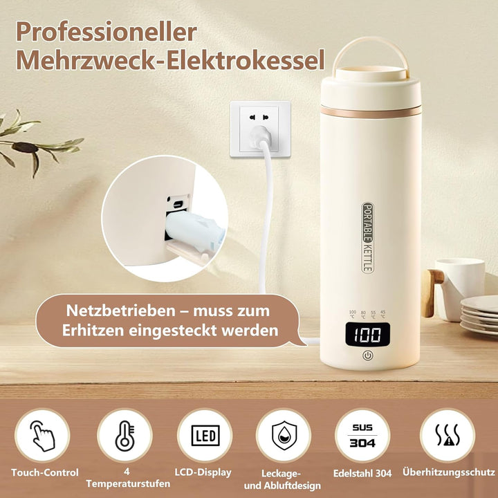 Tragbarer Reisewasserkocher 450 ml 4 Temperatureinstellungen Mini-Wasserkocher zum Anschliessen Edel