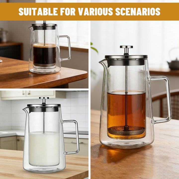 French Press Kaffeebereiter, Glas Kaffeepresse, Kaffeezubereiter für Zuhause, Thermo Doppelwand Desi
