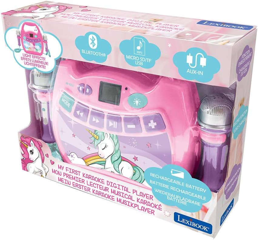 Lexibook Einhorn- Tragbarer digitaler Karaoke-Player für Kinder - Mikrofone, Lichteffekte, Bluetooth