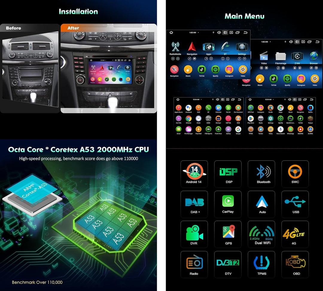 Erisin 8-Kern 4GB+64GB Android 14 Autoradio Bluetooth GPS Navi für Mercedes Benz E Klasse W211 CLS K