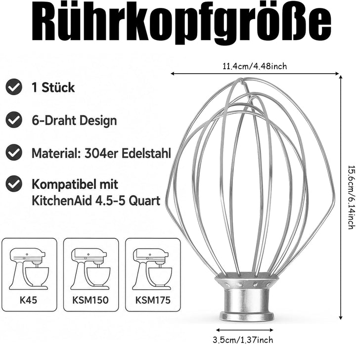 6-Draht Schneebesen für KitchenAid 4.5-5 Quart, 304 Edelstahl | 304 Edelstahl Schneebesen für Kitche