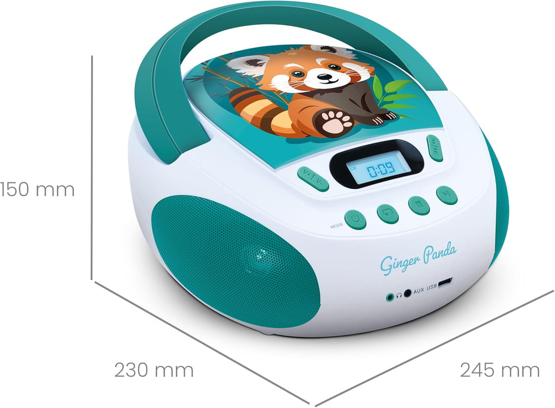 MOOOV 477414 CD-Player für Kinder, Motiv: Panda, Rot, MP3 und USB-Port – AUX-In – Kopfhöreranschluss