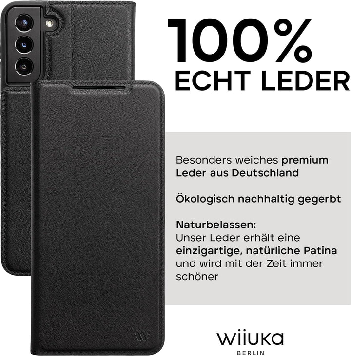 WIIUKA Hülle für Samsung Galaxy S21, Lederhülle, Deutsches Premium Leder, mit Kartenfach, extra Dünn