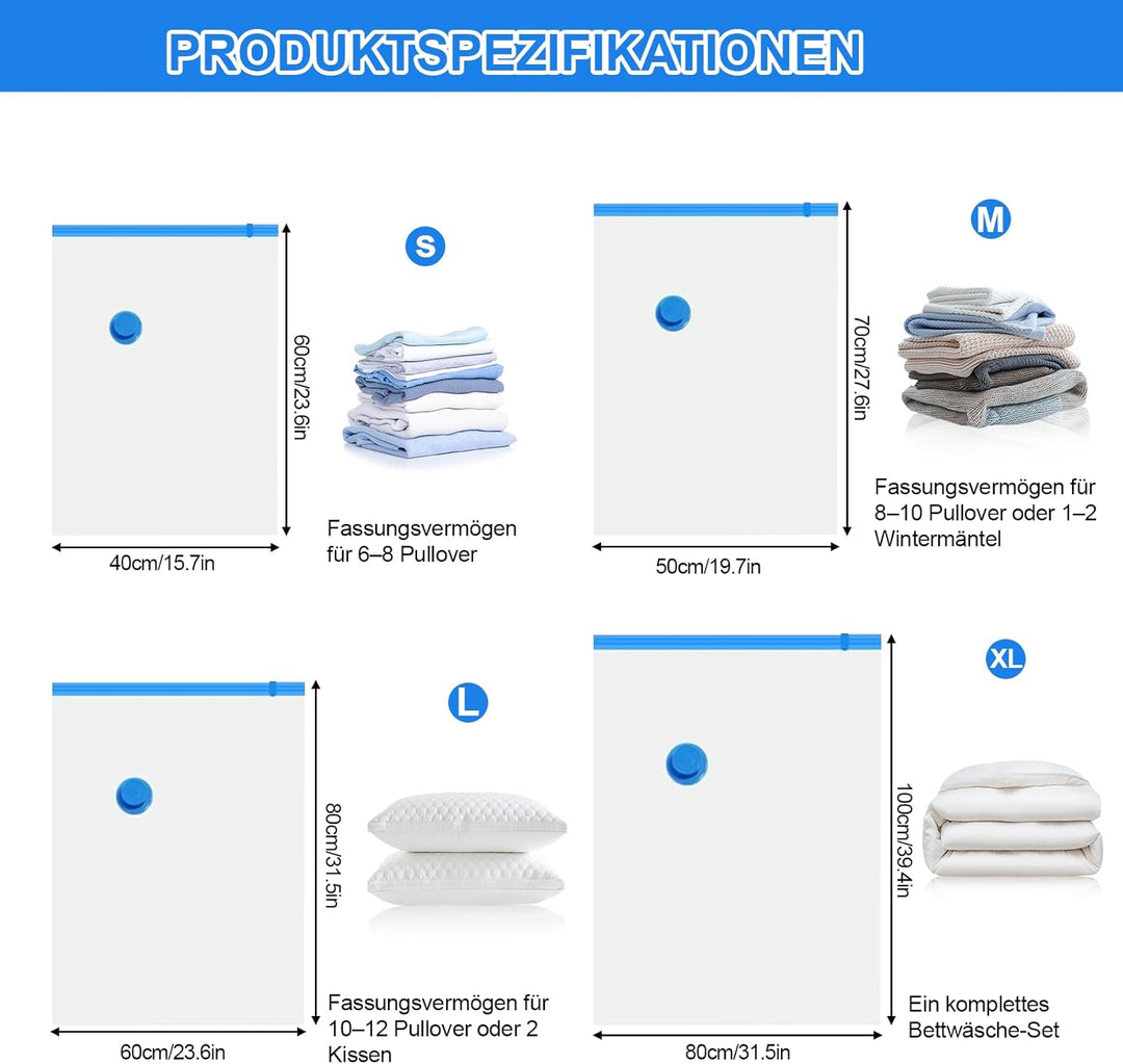 Vakuumbeutel für Kleidung mit Pumpe,10 Stück Vacuum Bags for Clothing(40 * 60,50 * 70,60 * 80,80 * 1