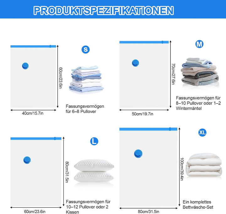 Vakuumbeutel für Kleidung mit Pumpe,10 Stück Vacuum Bags for Clothing(40 * 60,50 * 70,60 * 80,80 * 1