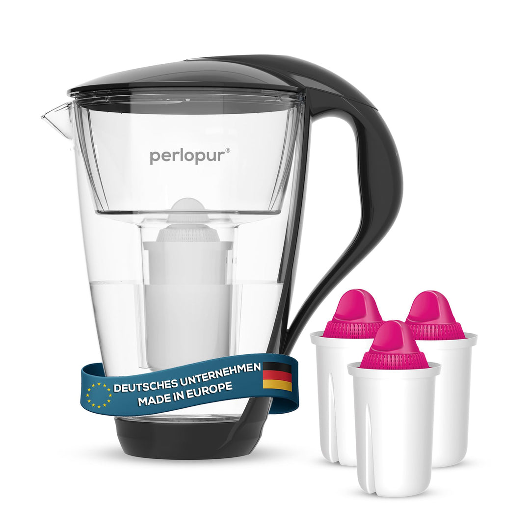 PearlCo Extra Mg 2+ 2L Ergonomischer Griff Glas Wasserfilter Krug - 3 Magnesium-Filter - Anti-Rutsch