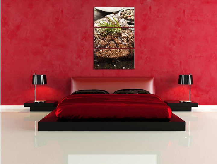 Pixxprint Leckeres Fleisch mit Rosmarin 3-Teiler Leinwandbild 120x80 Bild auf Leinwand