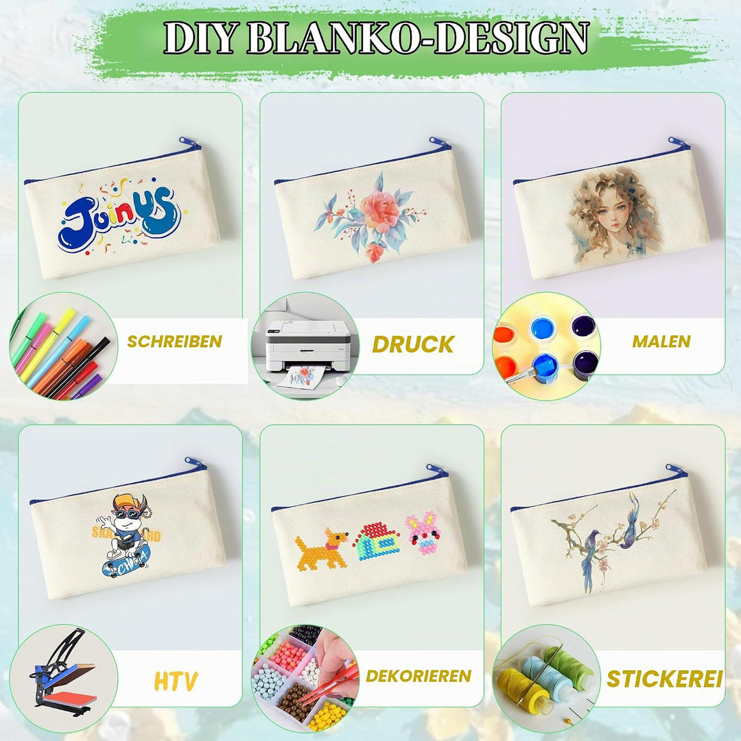 18 Stück DIY Stoff Federmäppchen, Leinwand Federmäppchen zum Bemalen, Mäppchen zum bemalen, 12 Bunts