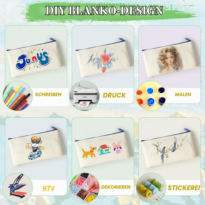 18 Stück DIY Stoff Federmäppchen, Leinwand Federmäppchen zum Bemalen, Mäppchen zum bemalen, 12 Bunts