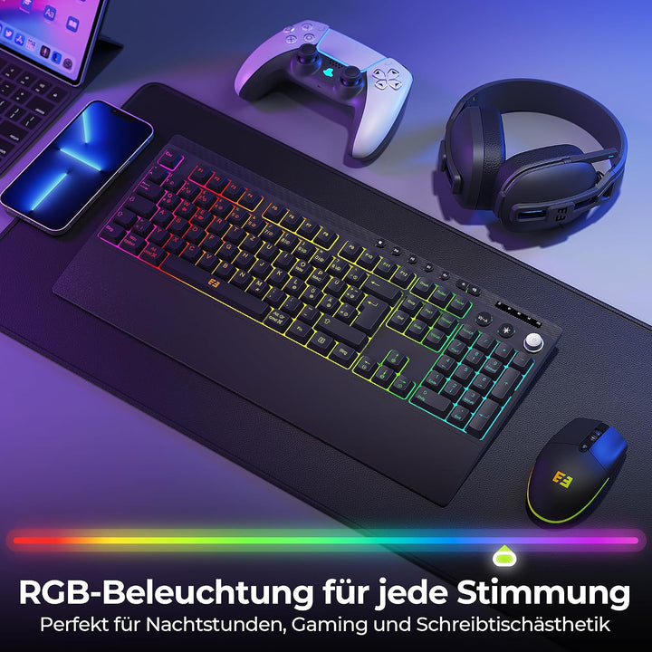 Beleuchtete Bluetooth Kabellose Tastatur mit Maus Set, QWERTZ, Schwarz | 3 Geräte Verbindung, webbas