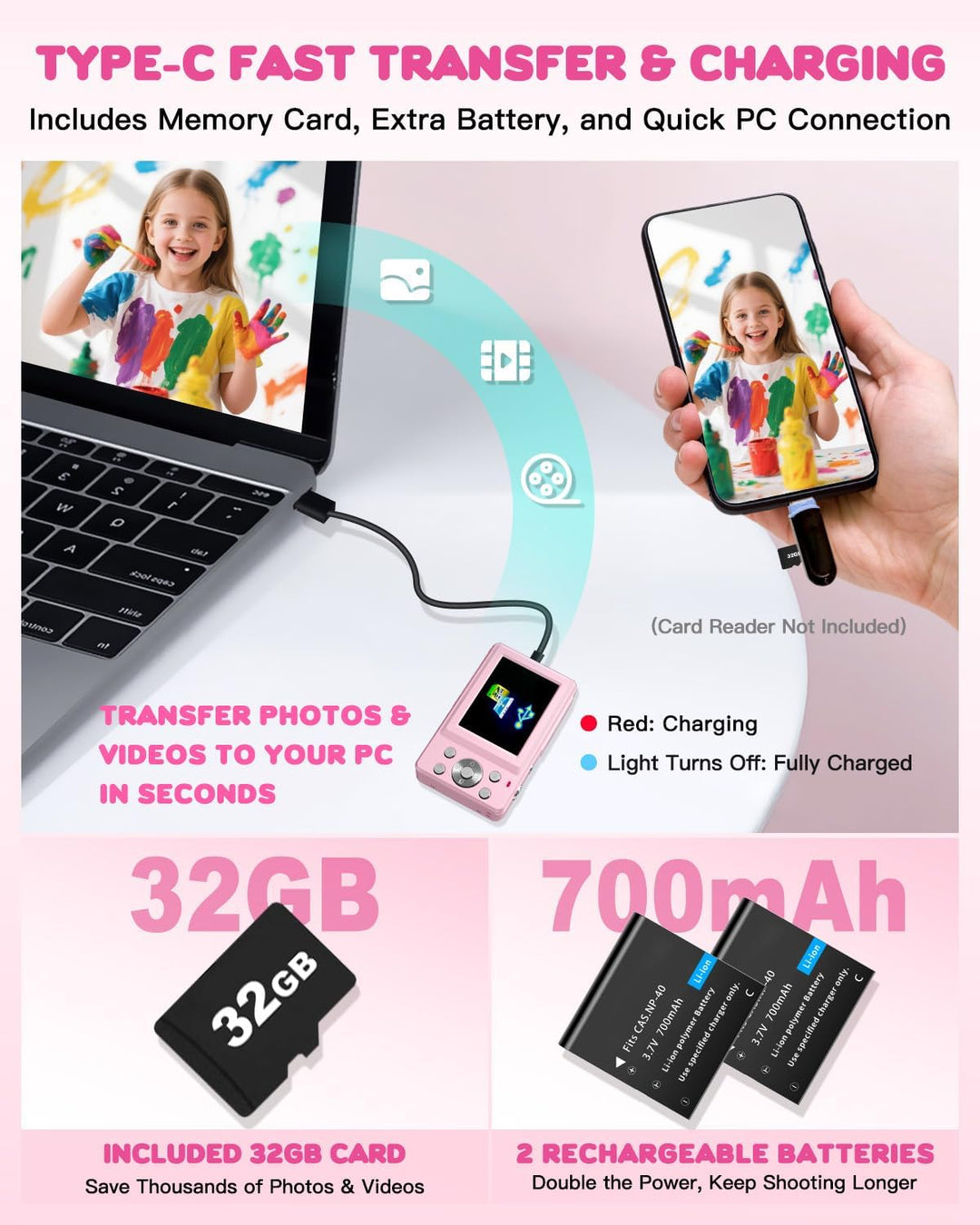Digitalkamera 1080P 44MP Fotoapparat, mit 2,4" LCD-Bildschirm, 16-fachem Digitalzoom und Bildstabili