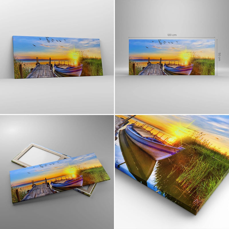 Wandbilder Dekoration Wohnzimmer See Boot Wasser Panorama Bilder auf Leinwand 120x50cm Leinwandbild