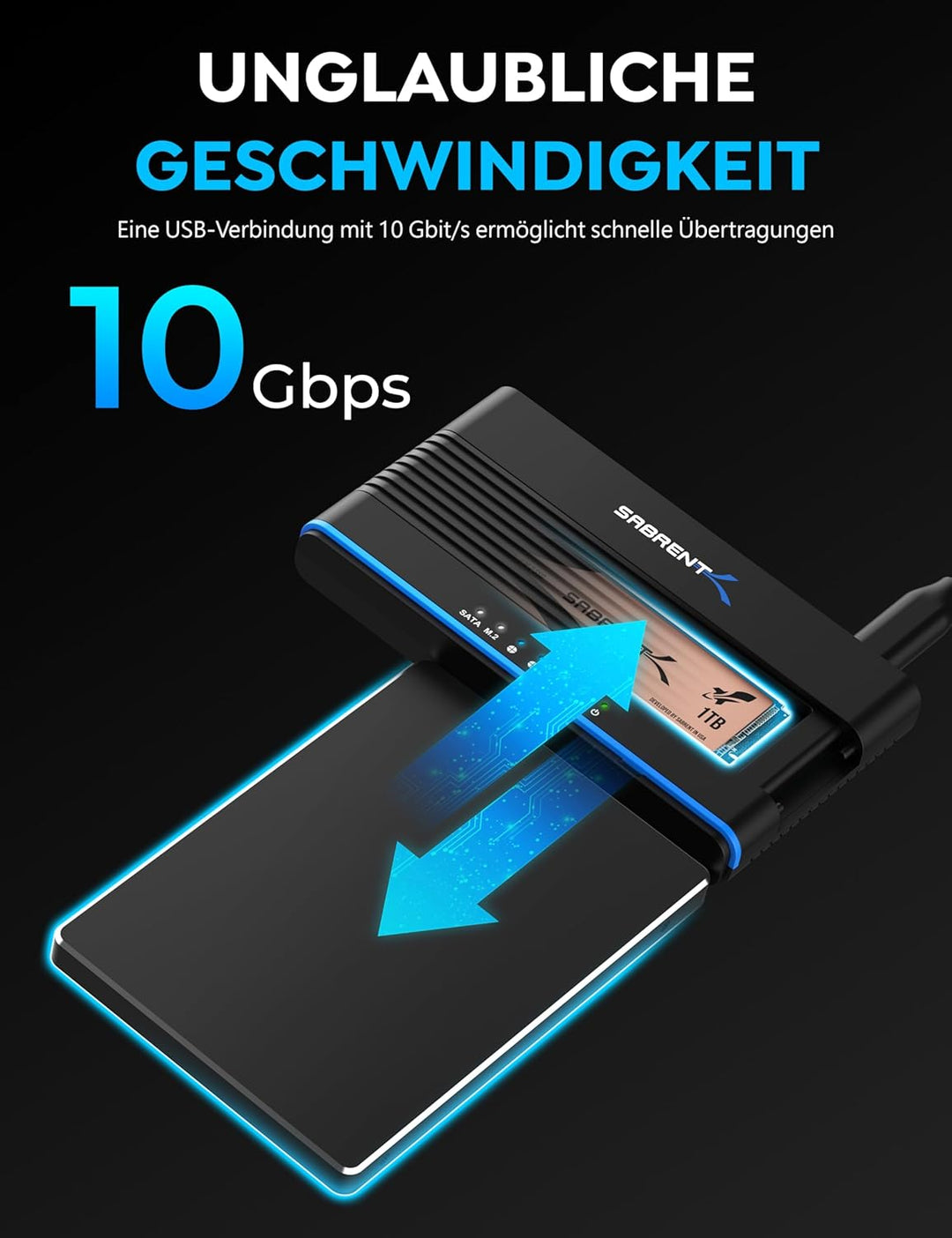 SABRENT M.2 SSD & HDD Festplattengehäuse, 2,5" 3.5" SATA & M2 NVMe Adapter, USB C 10Gbps mit Offline