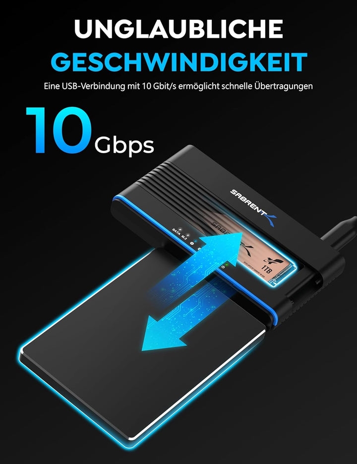 SABRENT M.2 SSD & HDD Festplattengehäuse, 2,5" 3.5" SATA & M2 NVMe Adapter, USB C 10Gbps mit Offline