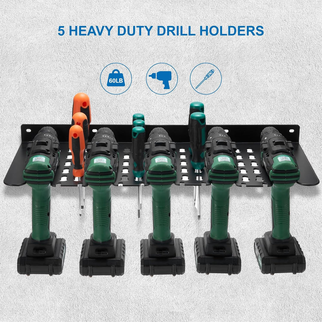 Elektrowerkzeug-Organizer, 2 Schichten, 5 Bohrerhalter und 1 solide Bodenregale, Metall-Premium-Gara