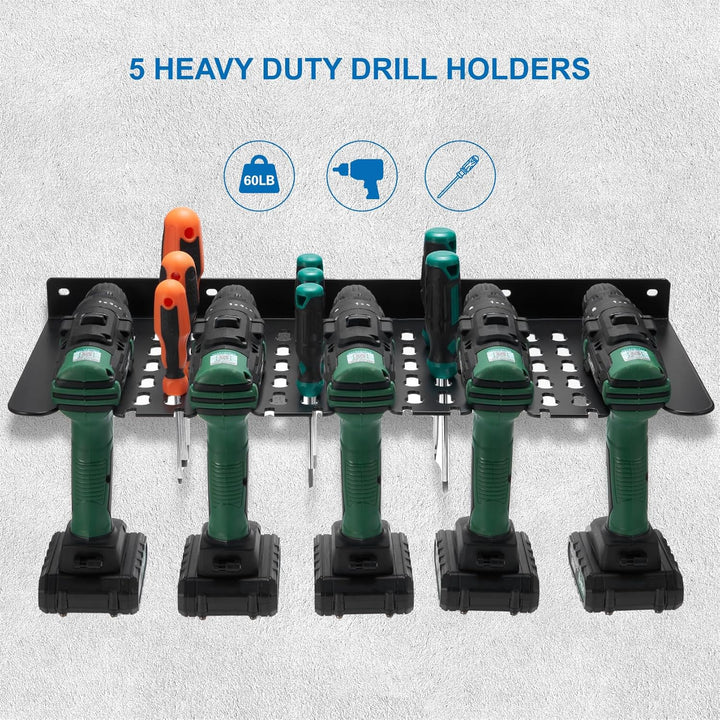 Elektrowerkzeug-Organizer, 2 Schichten, 5 Bohrerhalter und 1 solide Bodenregale, Metall-Premium-Gara