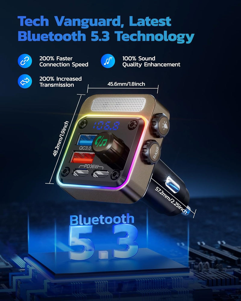 Nulaxy Bluetooth 5.3 FM Transmitter 54 W [PD 36W & QC3.0 18W] Schnelles Autoladegerät mit 4 Ladeansc