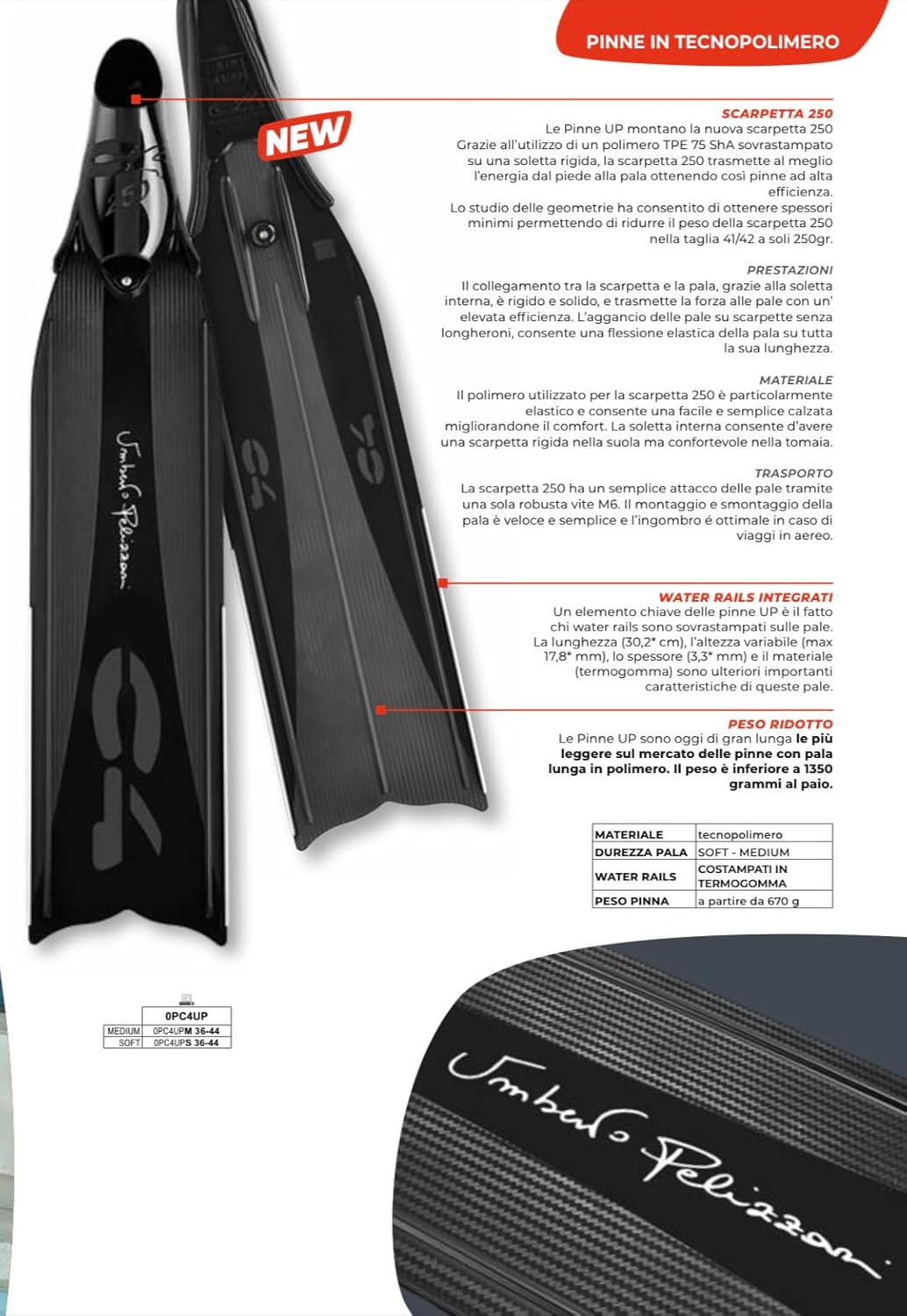 Umberto Pelizzari C4 Flossen – Schaufel weich und mittelgross aus Technopolymer mit Schuh 250 Apnoe