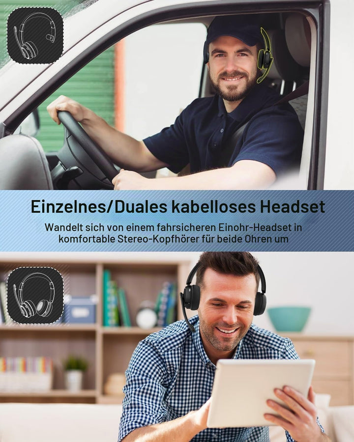 MONODEAL Bluetooth Headset mit Mikrofon, Wireless Headset mit AI-Geräuschunterdrückung Und Stummscha
