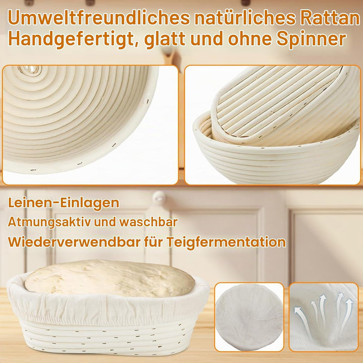 Gärkorb zum Brotbacken inkl.Komplettes Sauerteig-Starter-Set,10-Zoll ovales und 9-Zoll rundes Hefebr