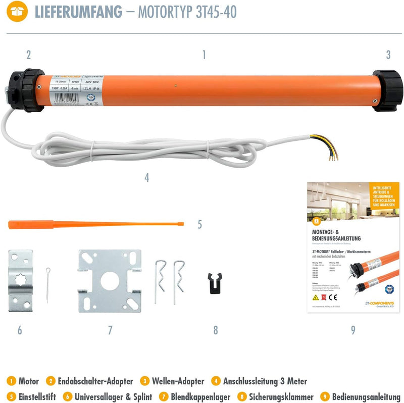 3T-MOTORS Markisenmotor 40 Nm inkl. Adapter 70 mm rund, Markisenantrieb elektrisch, Markise, Motor f