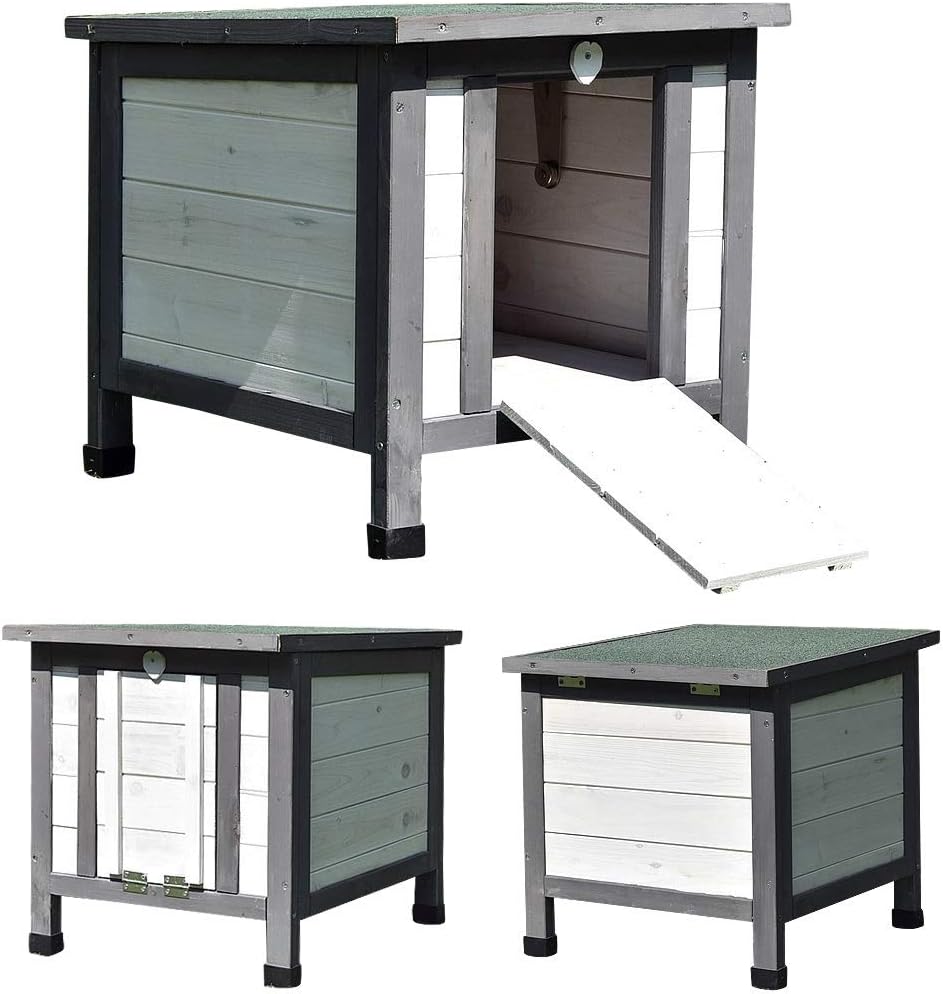 Melko Katzenhaus Grau/Weiss 50 x 45 x 43 cm mit klappbarem Deckel und Rampe, Winterfest