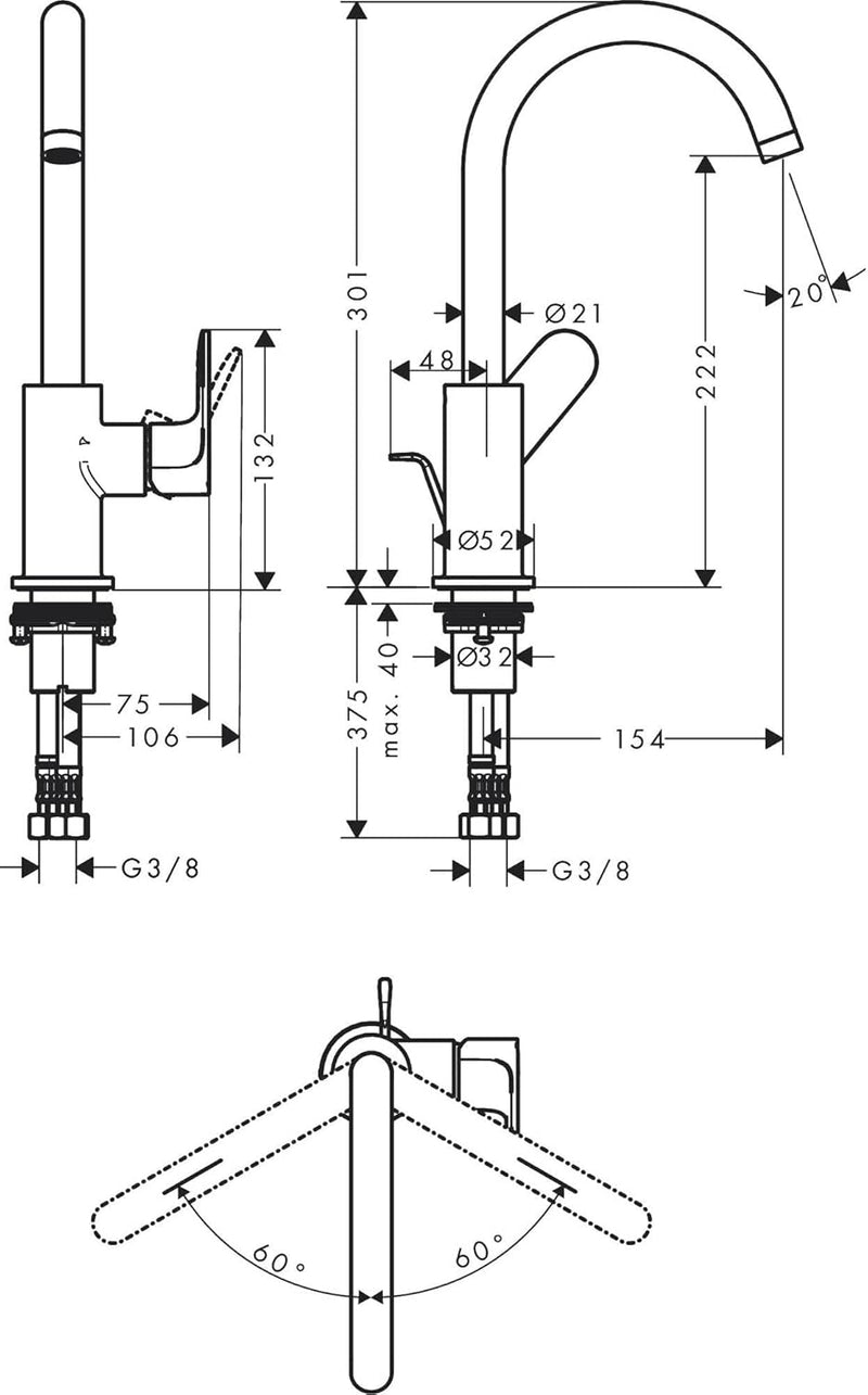 hansgrohe Waschtischarmatur Rebris S, Wasserhahn Bad mit Auslauf Höhe 210 mm, mit Zugstange, Badarma