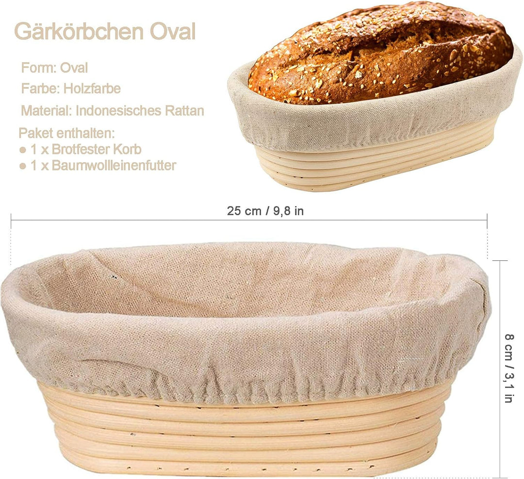 Gärkörbchen Oval, ø 25 cm Gärkorb, Handgemacht Rattan Brotkorb, Höhe 8 cm, Enthält Leinenbezug, für