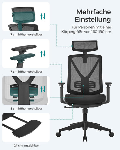 SONGMICS Bürostuhl mit Fussstütze, Ergonomischer Schreibtischstuhl mit Lordosenstütze, verstellbare