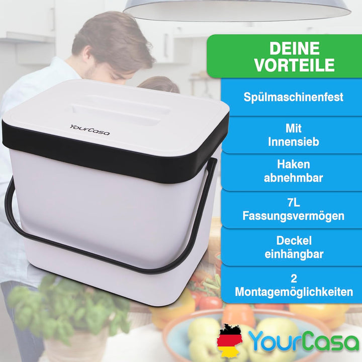 YourCasa Biomülleimer Küche 7L - Komposteimer zum Einhängen mit Sieb - Spülmaschinenfest - Biomüll B