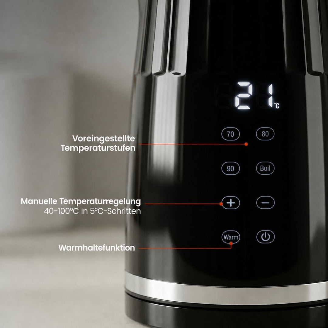 Elektrischer Wasserkocher mit Temperaturanzeige 1,7L 2200W Warmhaltefunktion 4 Temperaturprogramme T