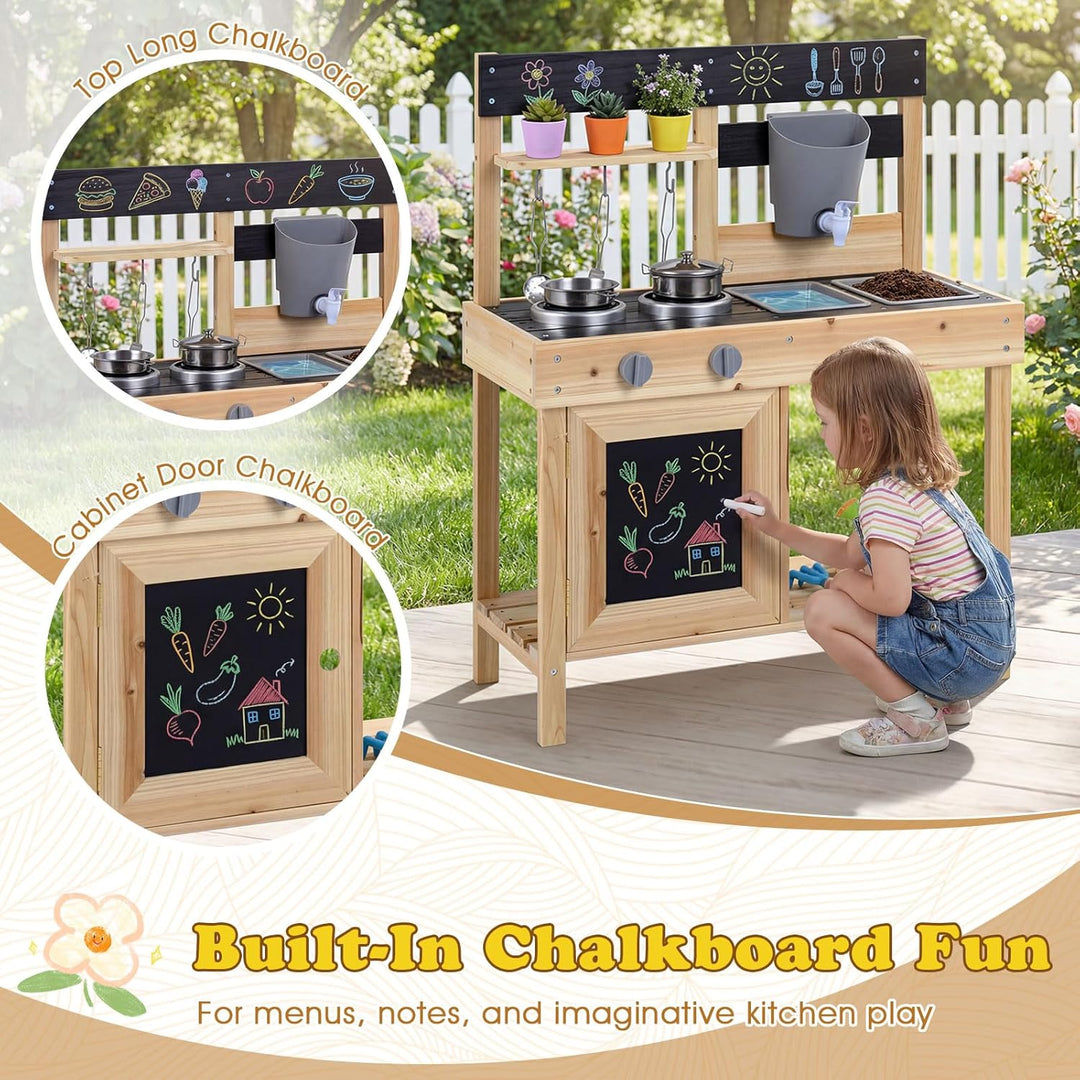 COSTWAY Matschküche Kinder Outdoor, Kinderküche Holz mit Wasserfunktion & Zubehör & Tafeln & 2 abneh