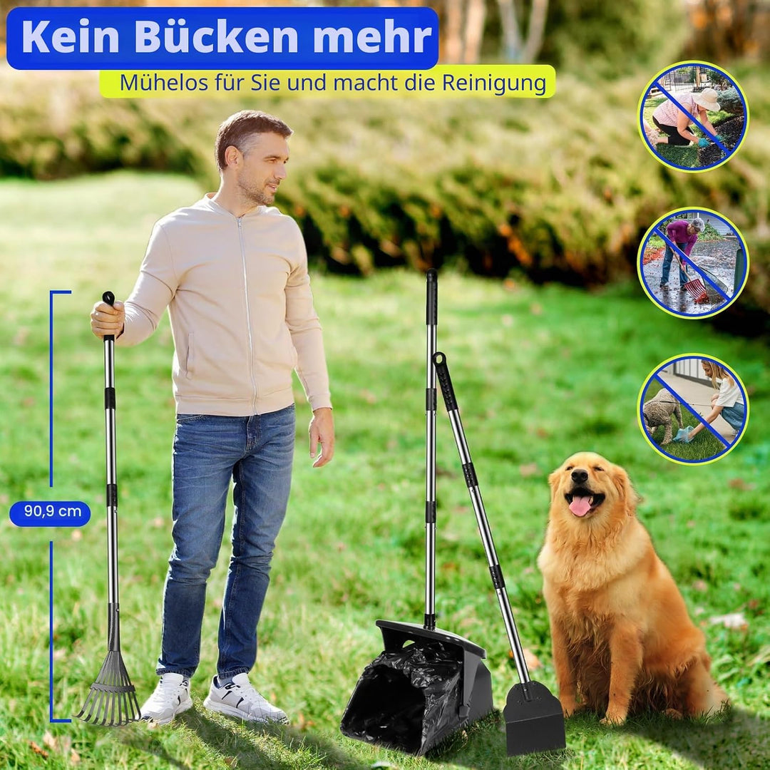 3 Pack Hundekotschaufel, 100CM Länge Griff Pooper Scooper Dreheimer, Rechen und Spaten mit 20 Abfall
