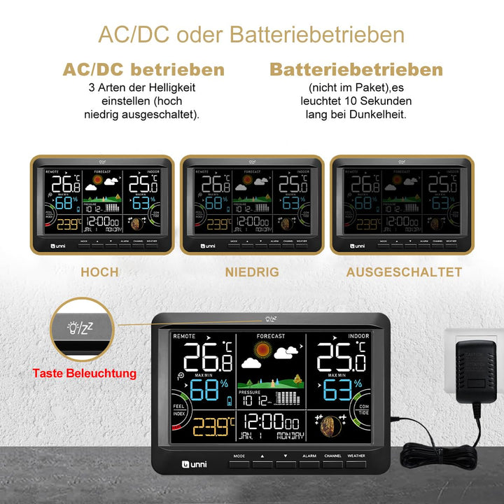 Funk Wetterstation mit Aussensensor Batteriebetrieb und Netzbetrieb mit DCF Funkuhr， Wettervorhersag