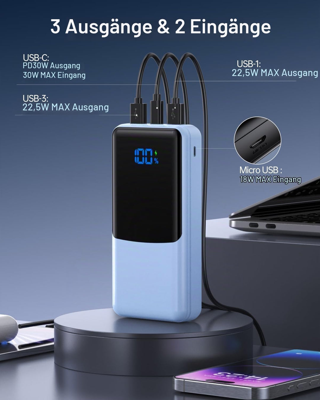 Coblob Power Bank, 27000mAh Powerbank USB C PD 20W Schnellladefunktion mit LED Display, Akkupack Ext