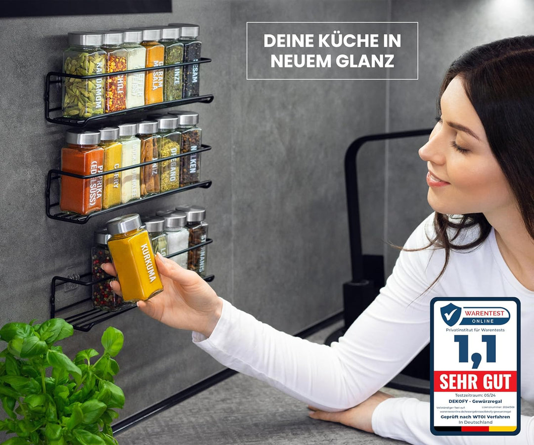 DEKOFY® Gewürzregal mit 18 Gläsern - zum Aufhängen für Wand &amp; Schranktür - ohne Bohren - Gewürzregal