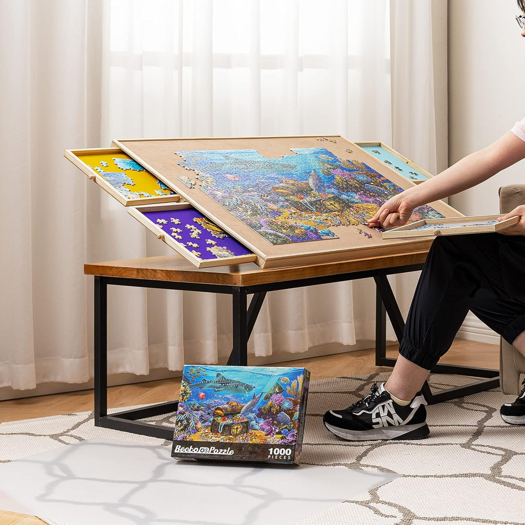 Becko US Puzzle Board with Adjustable Bracket & 4 Puzzle Drawers Square Puzzle Table with Non-Slip S